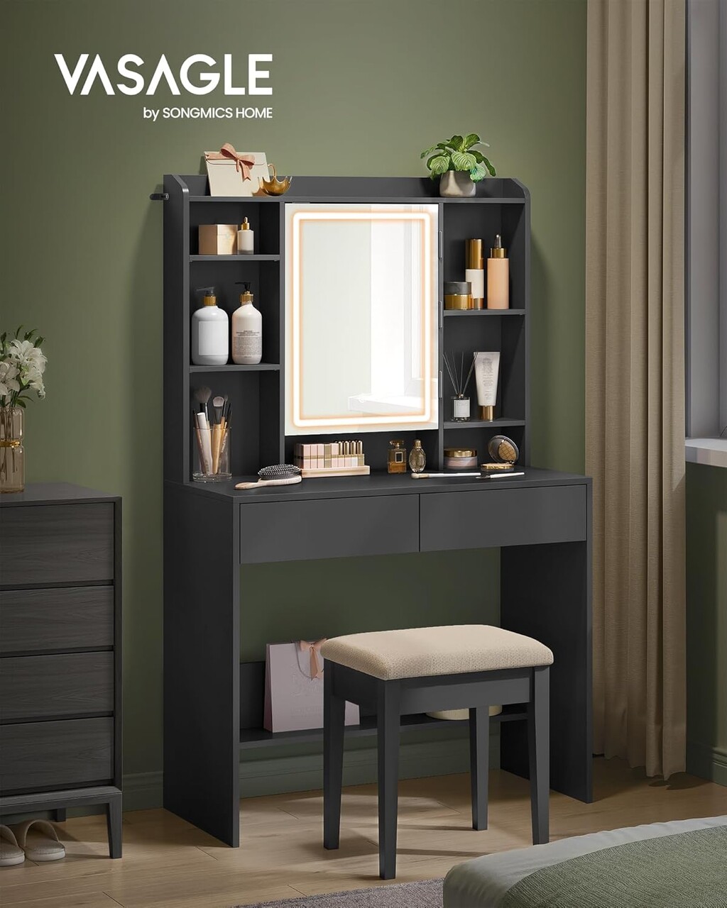 Masa de toaleta cu  oglinda cu LED-uri ajustabile/ masuta dressing, Vasagle, 90x40x144.7  cm, PAL/MDF, negru - imagine 7